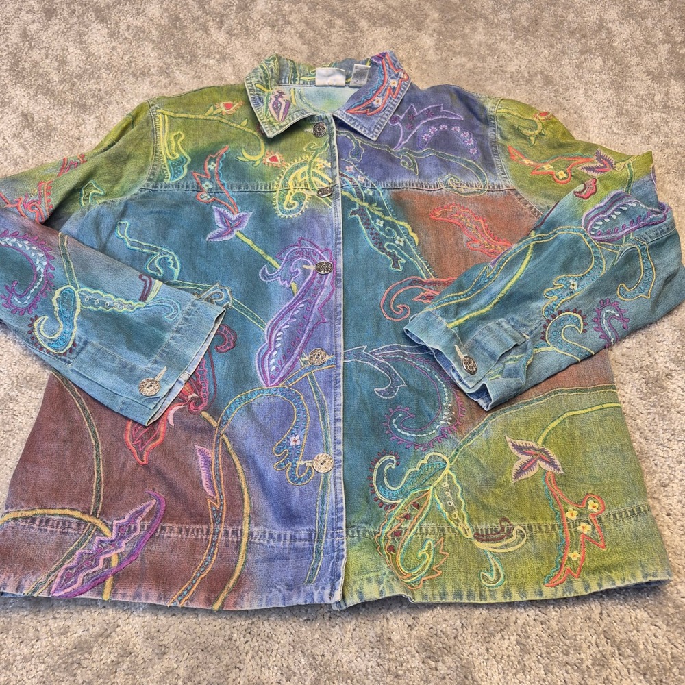 Chicos Women Size 3 Embroidered Denim Jacket Multicolor Paisley Art To Wear Boho